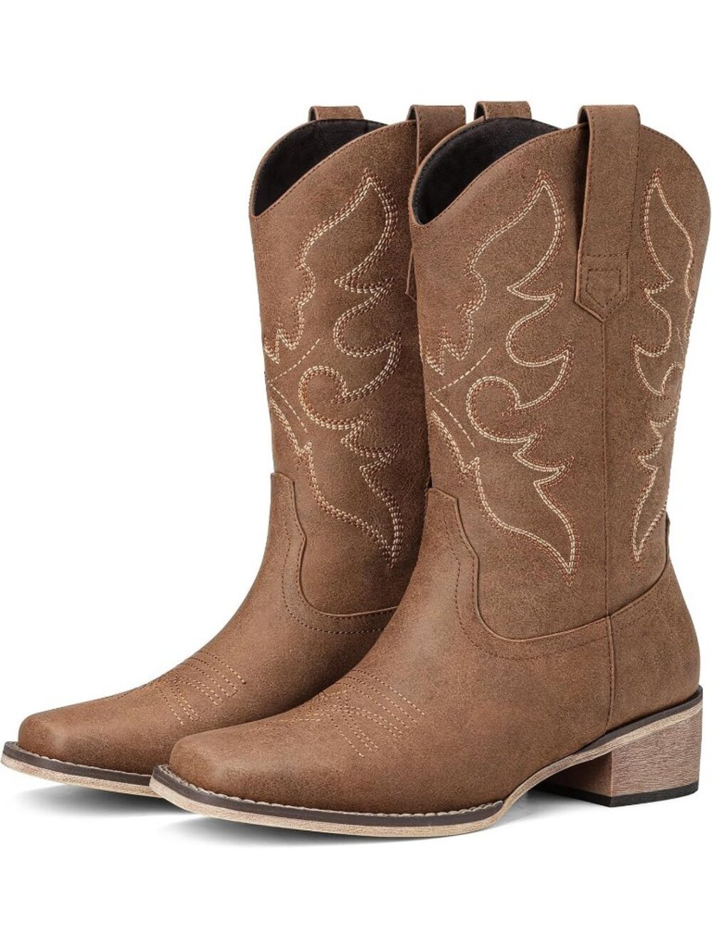 Women Brown Faux Leather Toe Cowboy Boots Mid-Calf Embroidered Chunky Heel
